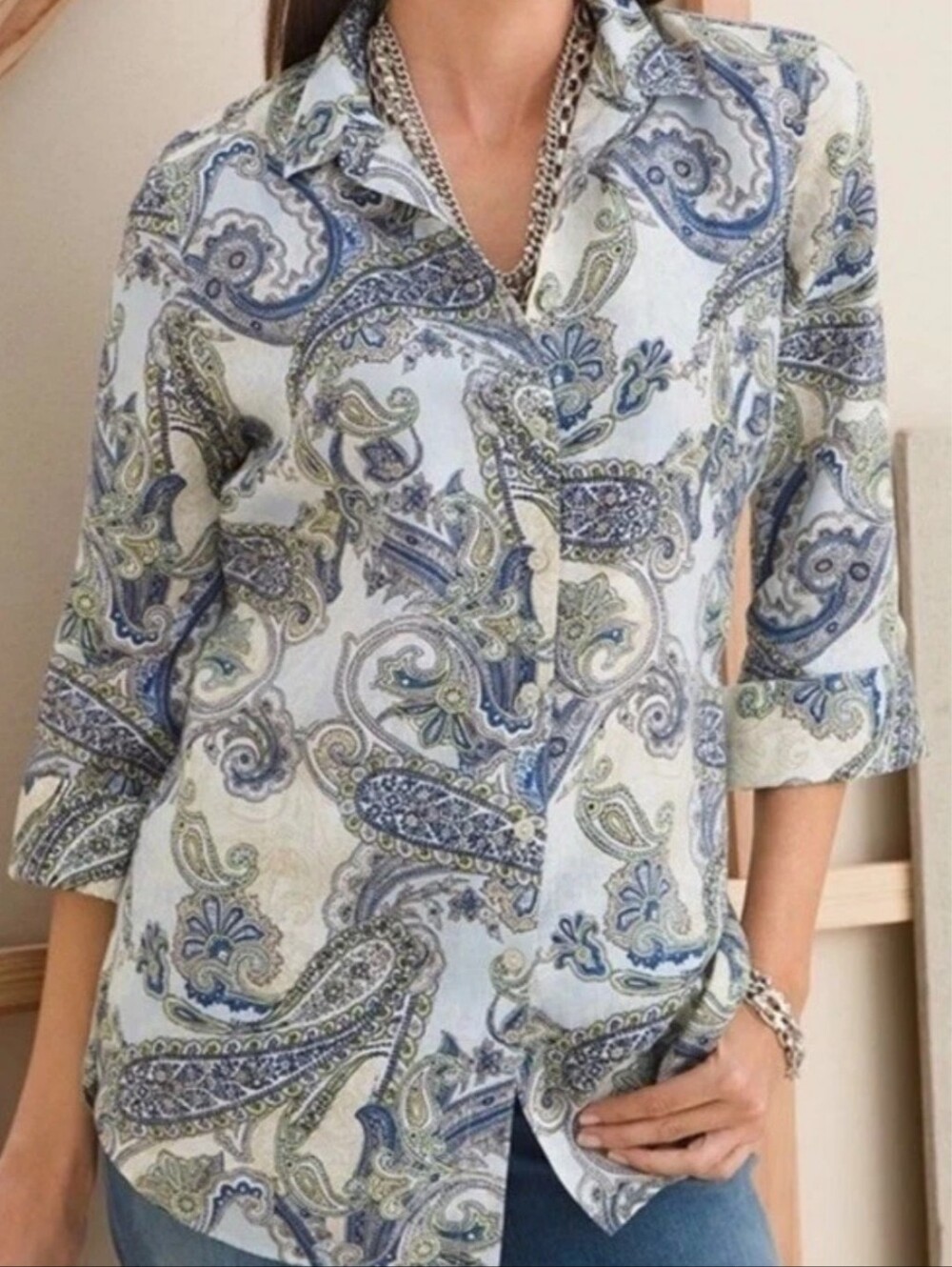 Chico's 100% Linen No Iron Paisley Button Up